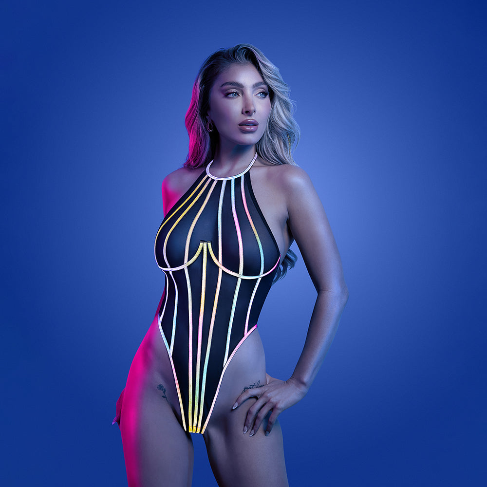 Fantasy Lingerie Glow Solar Flare Halter Tie Teddy with Underwire S/M