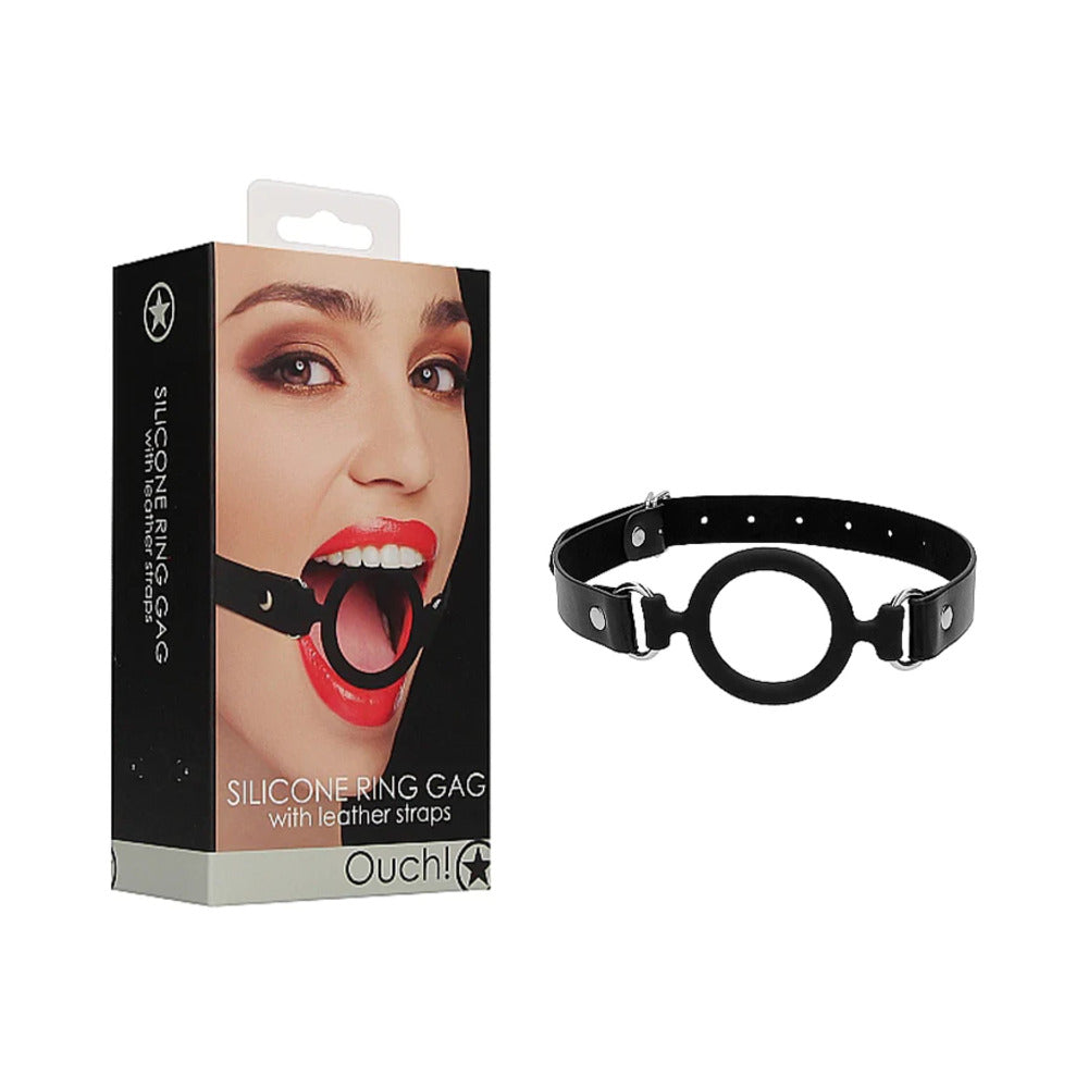 Ouch! Adjustable Silicone Ring Gag With Leather Straps Black - Fantasies Boutique