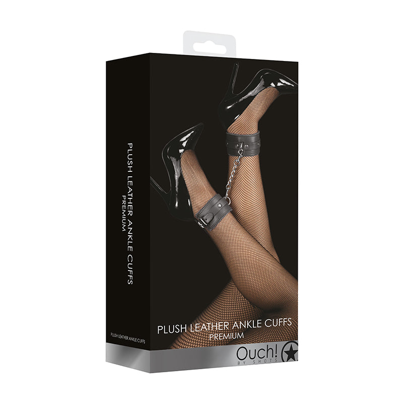 Ouch! Premium Plush Leather Adjustable Ankle Cuffs Black - Fantasies Boutique