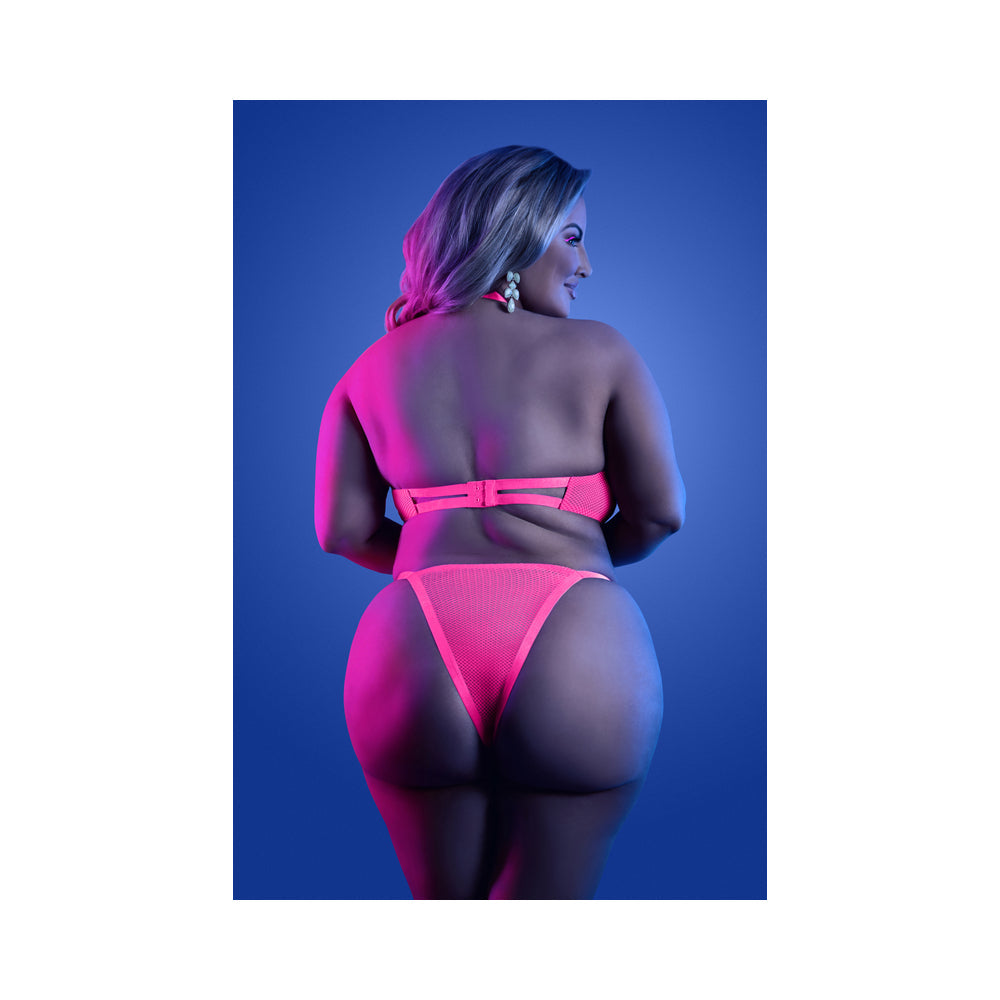 Fantasy Lingerie Glow Slow Motion Peek-A-Boo Bra & Panty Neon Pink Queen Size - Fantasies Boutique