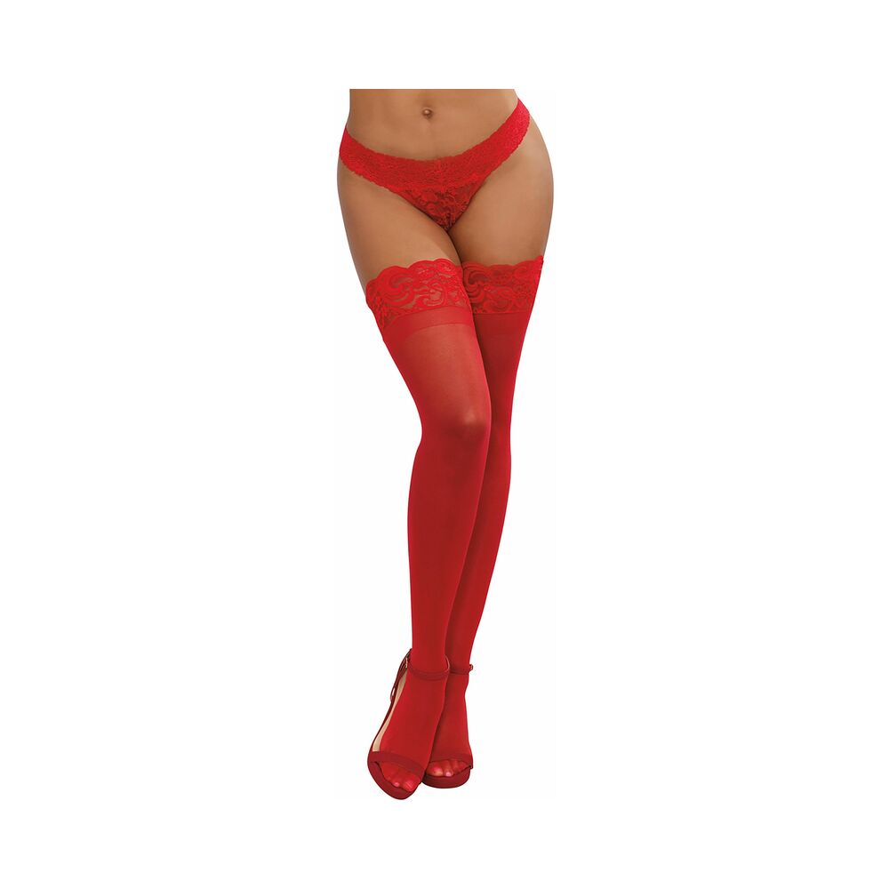 Dreamgirl Sheer Thigh-High Stockings with Silicone Lace Top Red OS - Fantasies Boutique