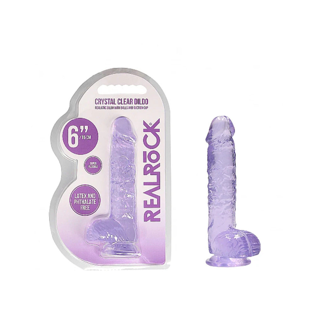 RealRock Crystal Clear Realistic 6 in. Dildo With Balls and Suction Cup Purple - Fantasies Boutique