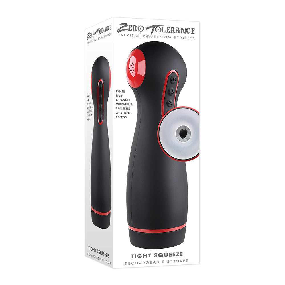 Zero Tolerance Tight Squeeze Rechargeable Vibrating Squeezing Talking Stroker TPE Black/Red - Fantasies Boutique