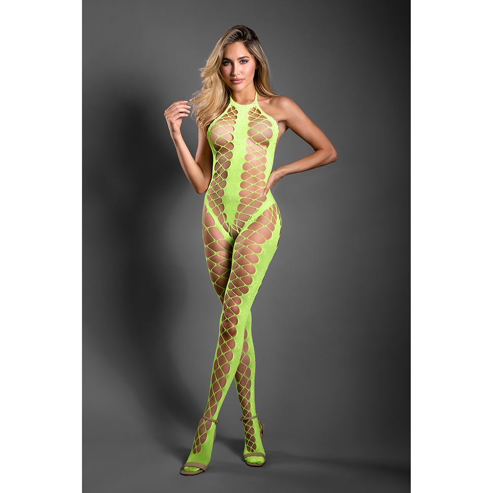Fantasy Lingerie Sheer Unstoppable Crotchless Rhinestone Knit Halter Bodystocking Neon Green O/S