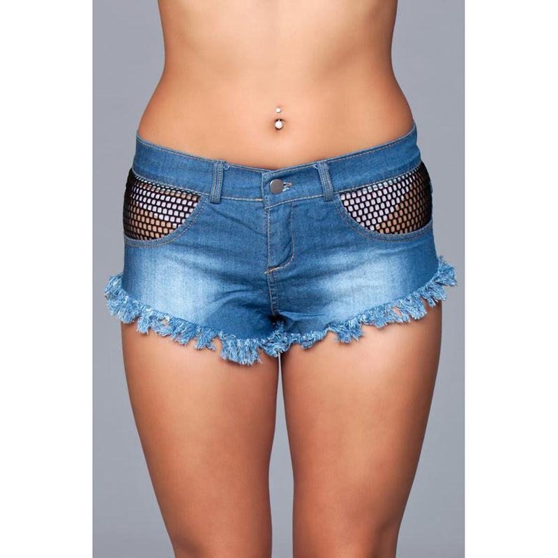 Denim Shorts With Fishnet Top Trimming Frindge Bottom Black Small Packaging Hanging - Fantasies Boutique