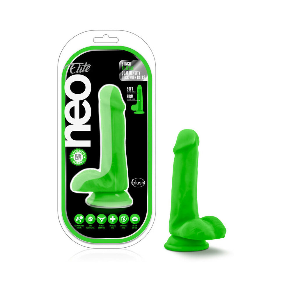 Neo Elite 6 in. Silicone Dual Density Dildo with Balls Neon Green - Fantasies Boutique