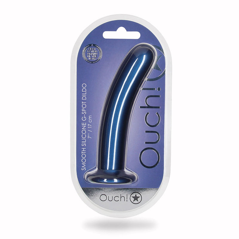 Ouch! Smooth Silicone 7 in. G-Spot Dildo Metallic Blue - Fantasies Boutique