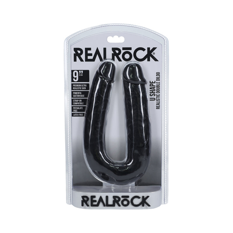 RealRock 9 in. U-Shaped Double Dildo Black - Fantasies Boutique