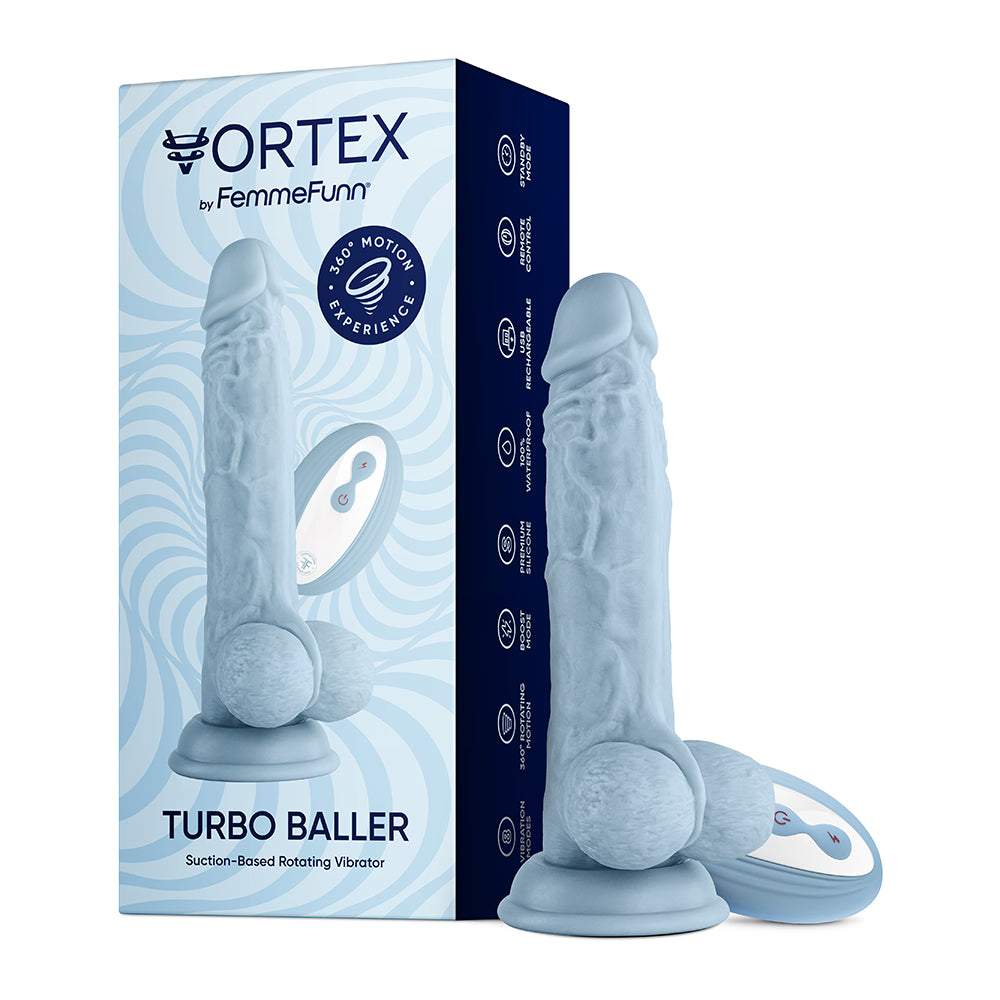 FemmeFunn Vortex Turbo Baller 2.0 8.25 in. Vibrating Rotating Dildo Light Blue - Fantasies Boutique