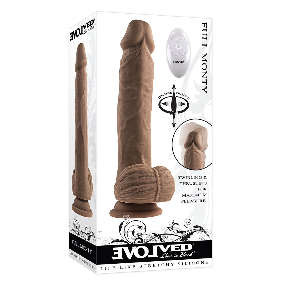 Evolved Full Monty Rechargeable Remote-Controlled Thrusting Twirling 9 in. Silicone Dildo Dark - Fantasies Boutique