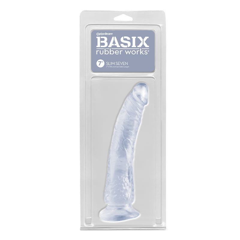 Basix Rubber Works Slim Seven 7 in. Dildo With Suction Cup Clear