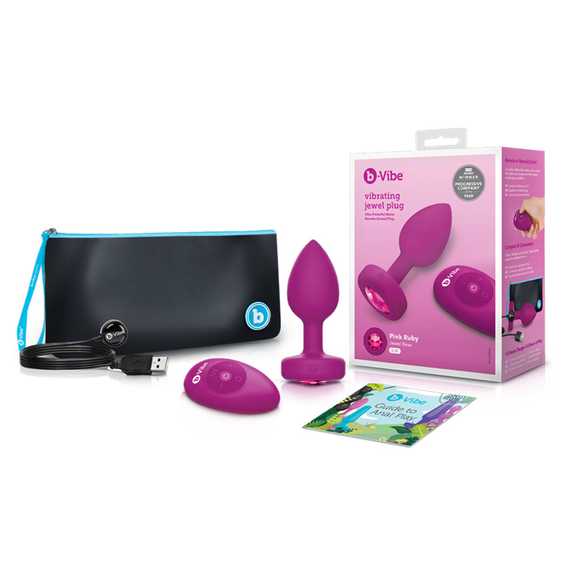 b-Vibe Vibrating Jewel Rechargeable Remote-Controlled Anal Plug with Gem Base Pink Ruby S/M - Fantasies Boutique