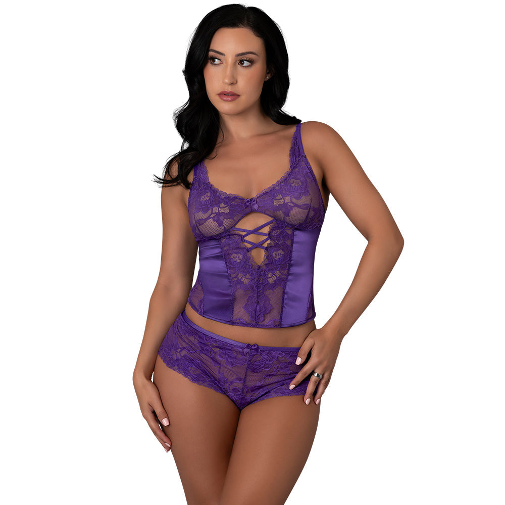 Magic Silk Satin Petals Bustier & Boy Short Set Purple L/XL