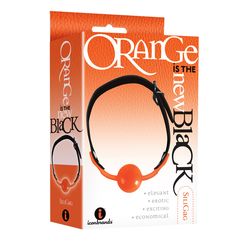 The 9's, Orange Is The New Black, SiliGag Silicone Bag Gag, Orange with Black Faux Leather Straps - Fantasies Boutique