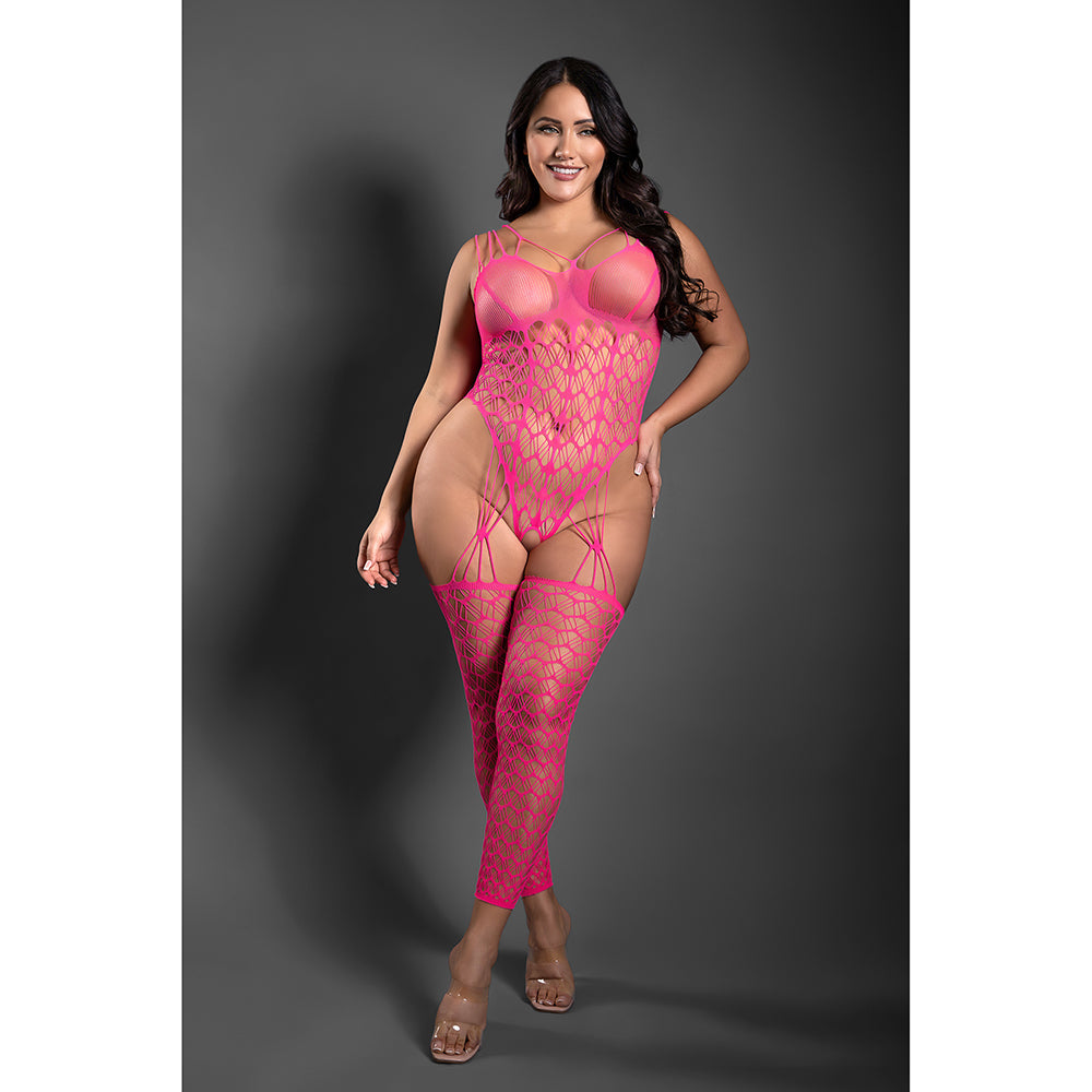 Fantasy Lingerie Sheer Next To You Crotchless Geometric Fishnet Teddy Bodystocking Neon Pink Queen Size