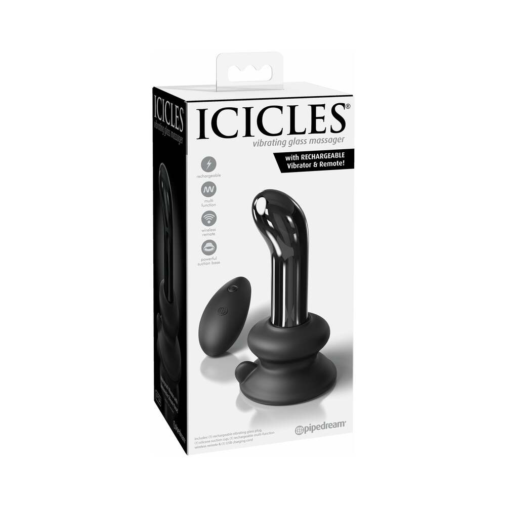 Icicles No. 84 Vibrating Curved Glass Massager With Suction Cup Black - Fantasies Boutique