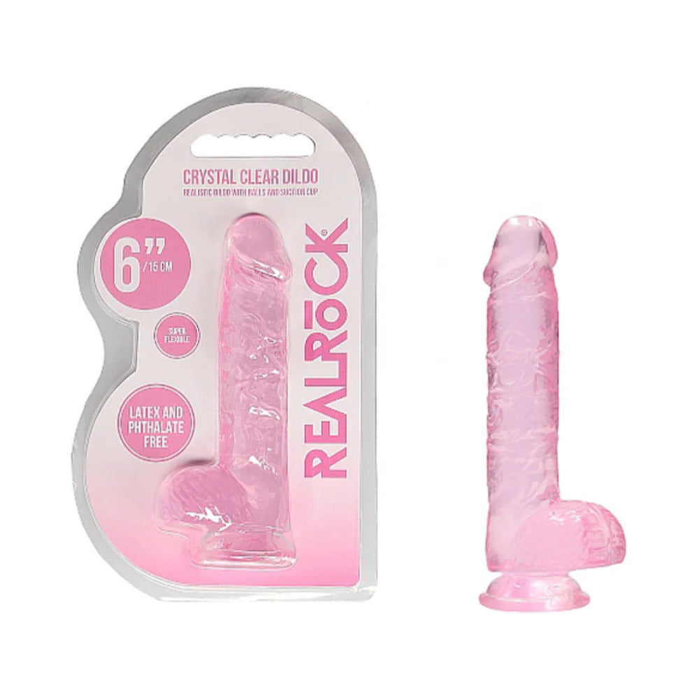 RealRock Crystal Clear Realistic 6 in. Dildo With Balls and Suction Cup Pink - Fantasies Boutique