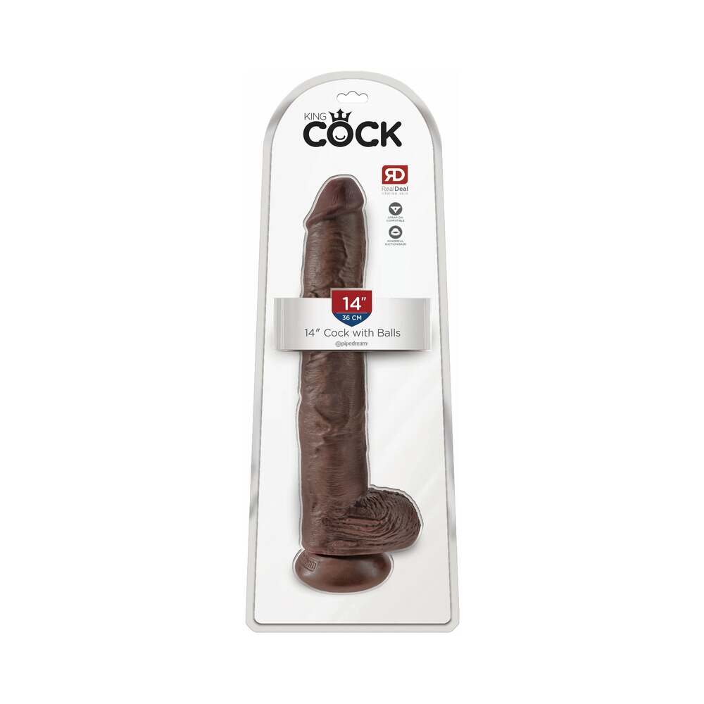 King Cock 14 in. Cock With Balls Realistic Suction Cup Dildo Brown - Fantasies Boutique