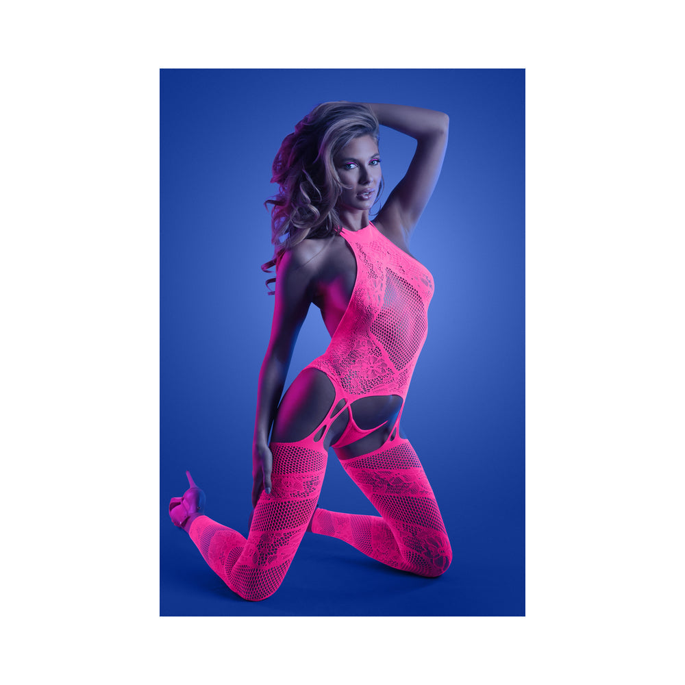 Fantasy Lingerie Glow Captivating High Neck Halter Bodystocking & G-String Set Neon Pink O/S - Fantasies Boutique
