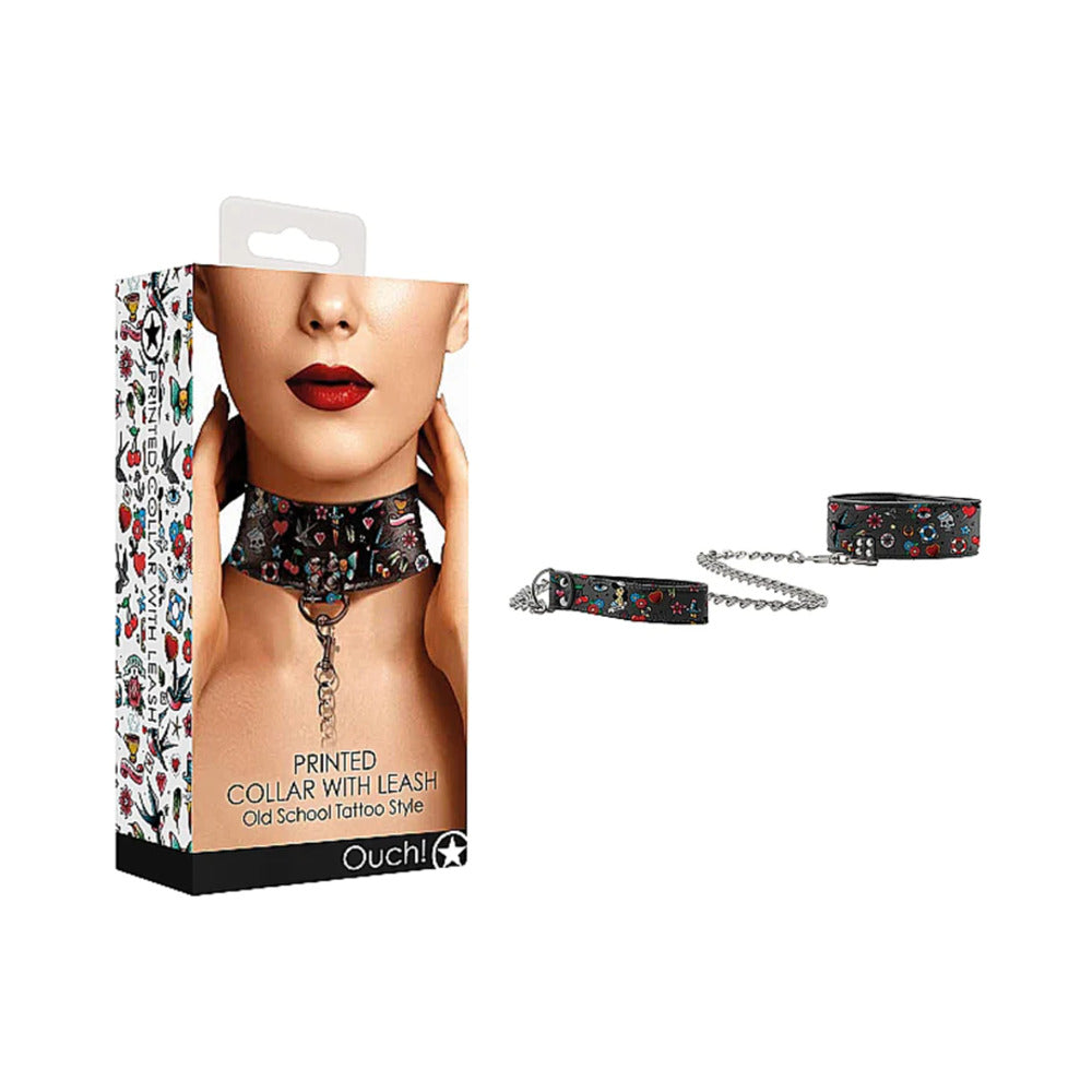 Ouch! Old School Tattoo Style Adjustable Printed Collar With Leash Multi-Color - Fantasies Boutique