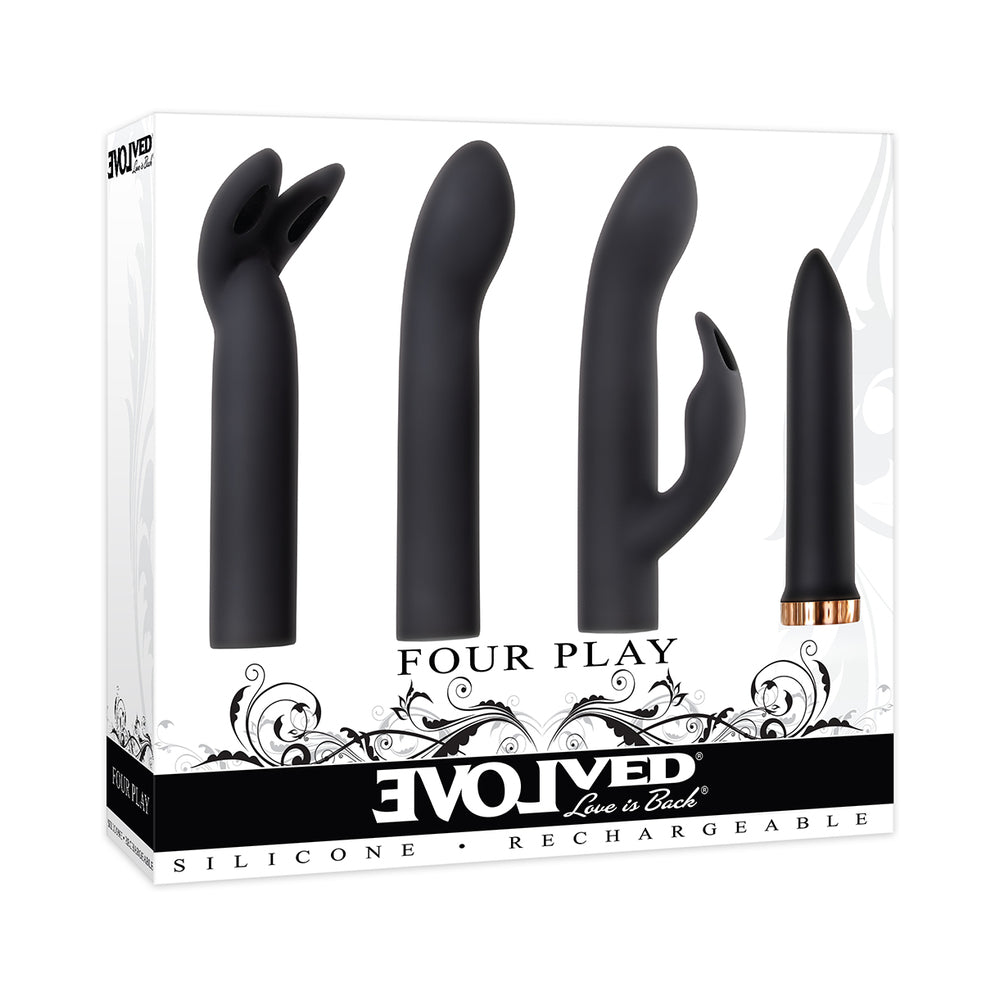 Evolved Four Play Rechargeable Silicone Bullet Vibrator and 3-Piece Sleeve Set Black - Fantasies Boutique