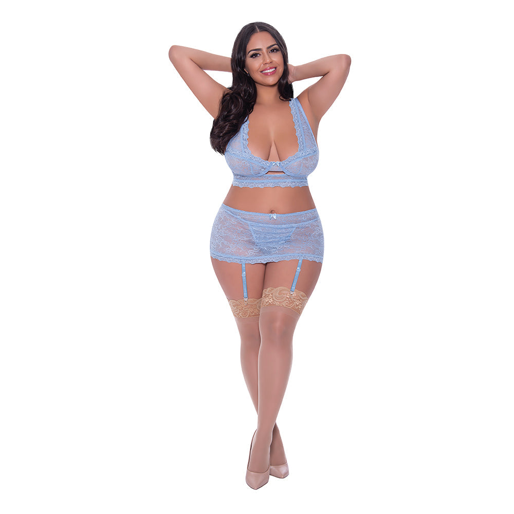 Magic Silk Ooh La Lace Bralette, Garter Skirt & G-String Set Periwinkle Queen Size - Fantasies Boutique