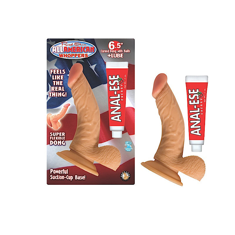 All American Whoppers 6.5 in. Curved Dong with Balls + Cherry Anal-Ese - Fantasies Boutique