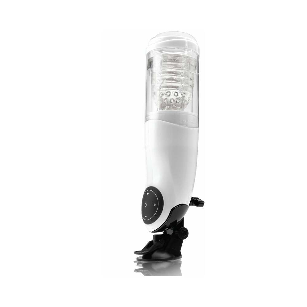 PDX Mega-Bator Pussy Rotating Thrusting Stroker With Suction Cup Clear/White - Fantasies Boutique
