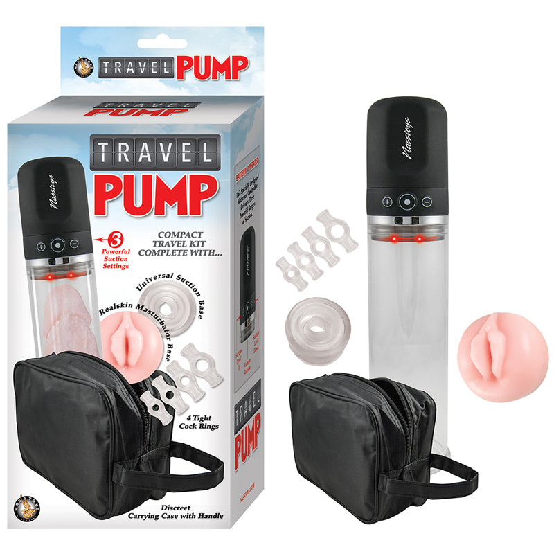Travel Pump Three Speed Kit With Four Cockrings, Two Sleeves & Carrying Case (Clear) - Fantasies Boutique