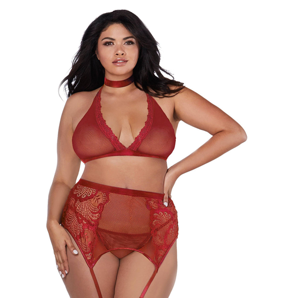Dreamgirl Fishnet and Lace Four-Piece Set With Stretch Velvet Trim Accents Garnet Queen - Fantasies Boutique
