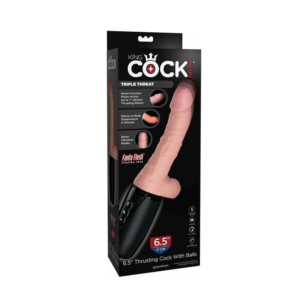 King Cock Plus 6.5 in. Thrusting Cock With Balls Rechargeable Realistic Vibrator Beige - Fantasies Boutique