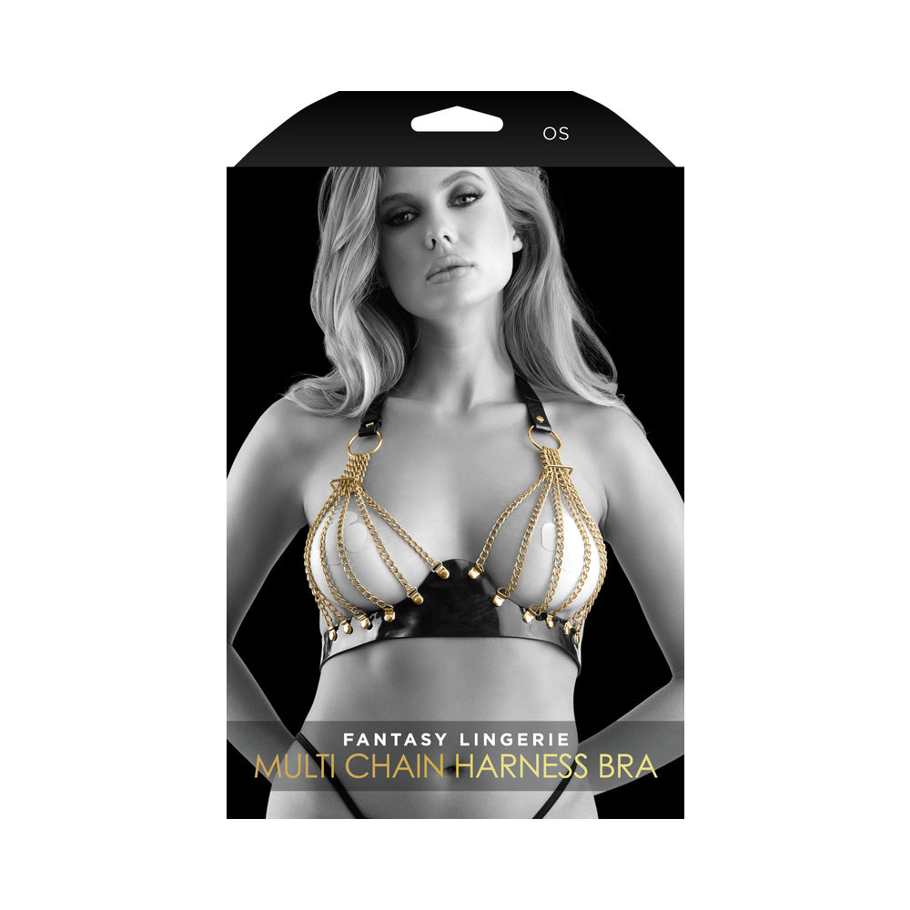 Fantasy Lingerie Glossy Vegan Leather Harness Bra with Chain Cups O/S - Fantasies Boutique