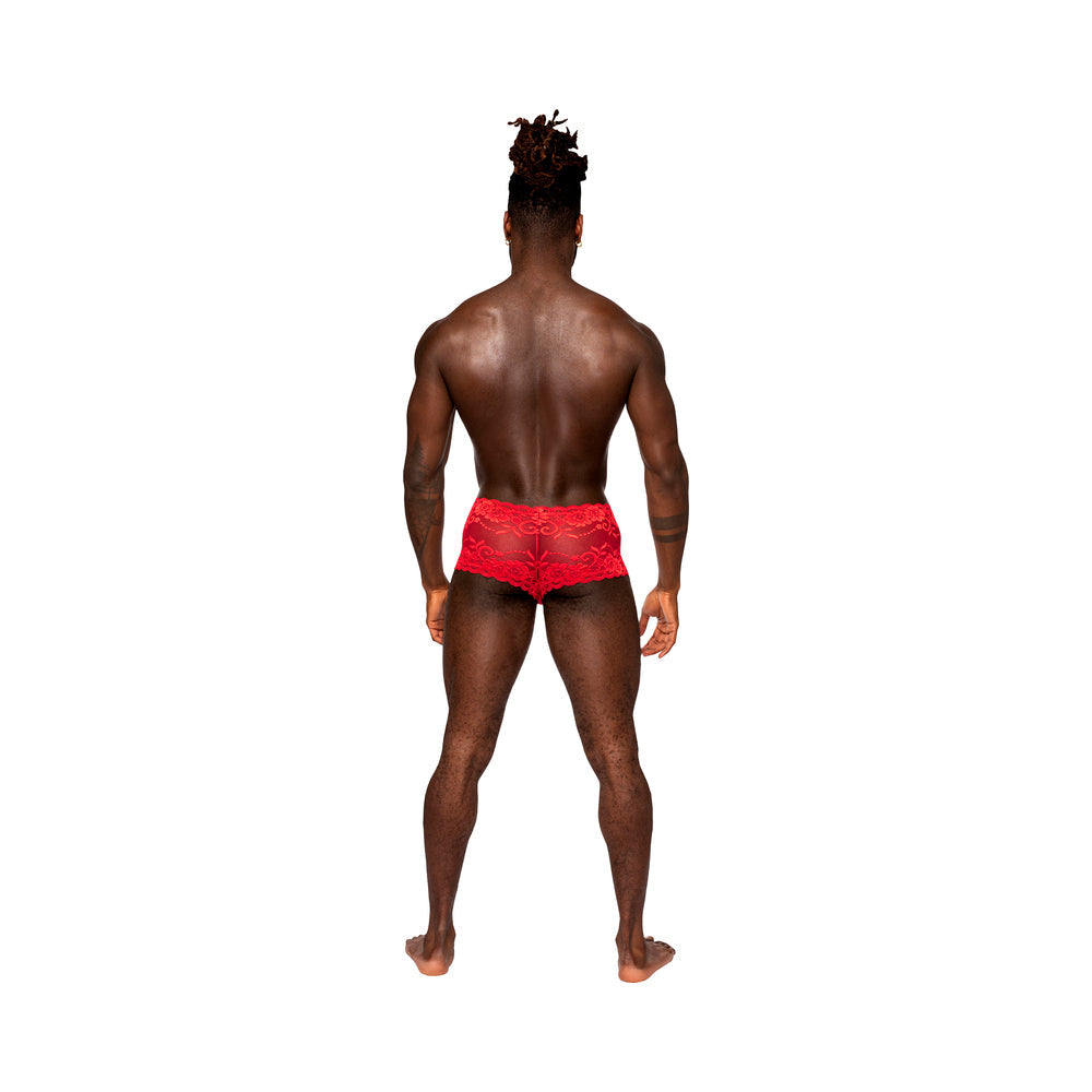 Male Power Sassy Lace Mini Short Sheer Pouch Red XL - Fantasies Boutique