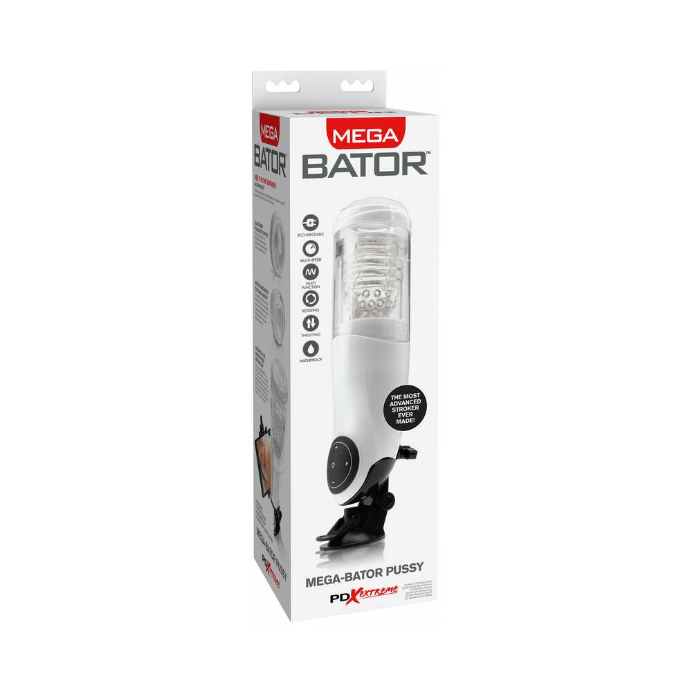 PDX Mega-Bator Pussy Rotating Thrusting Stroker With Suction Cup Clear/White - Fantasies Boutique