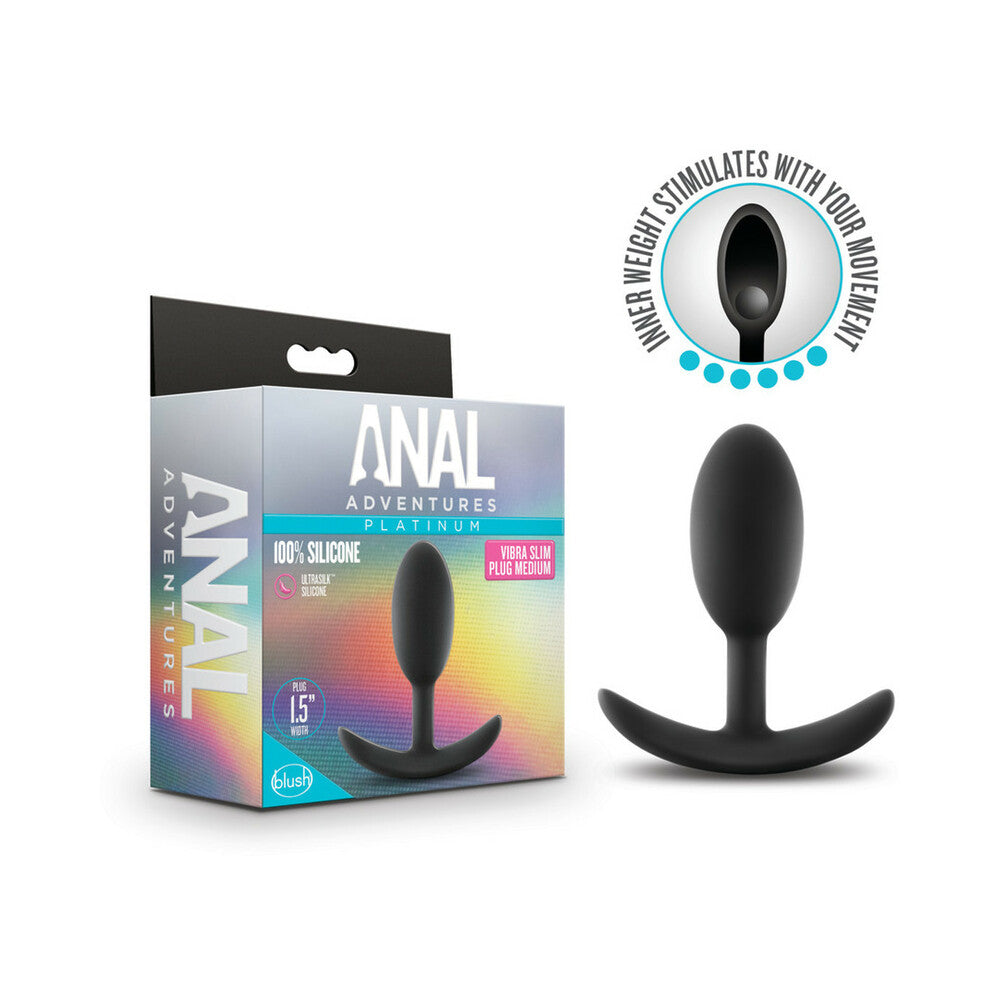 Blush Anal Adventures Platinum Silicone Weighted Vibra Slim Plug Medium Black - Fantasies Boutique