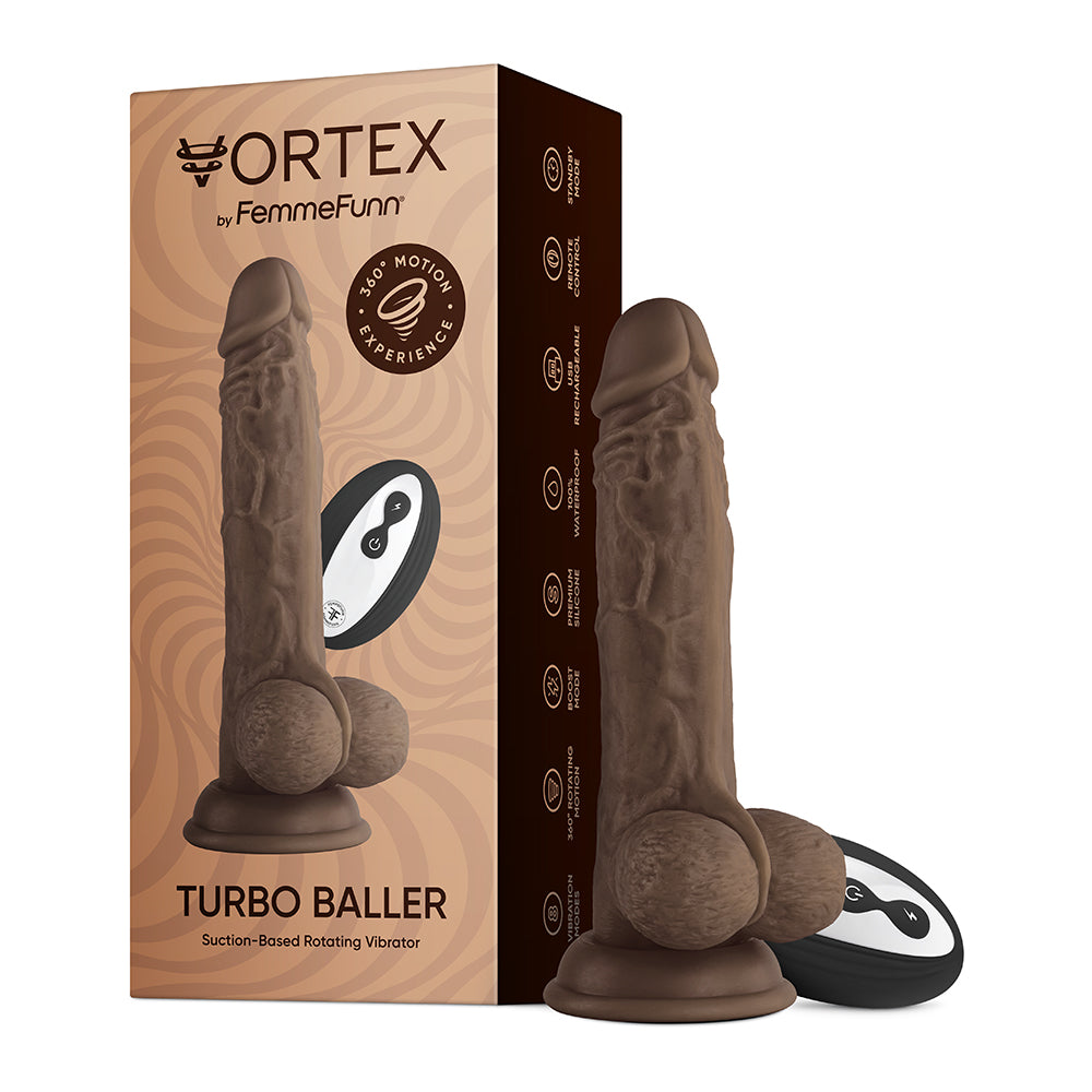FemmeFunn Vortex Turbo Baller 2.0 8.25 in. Vibrating Rotating Dildo Brown - Fantasies Boutique