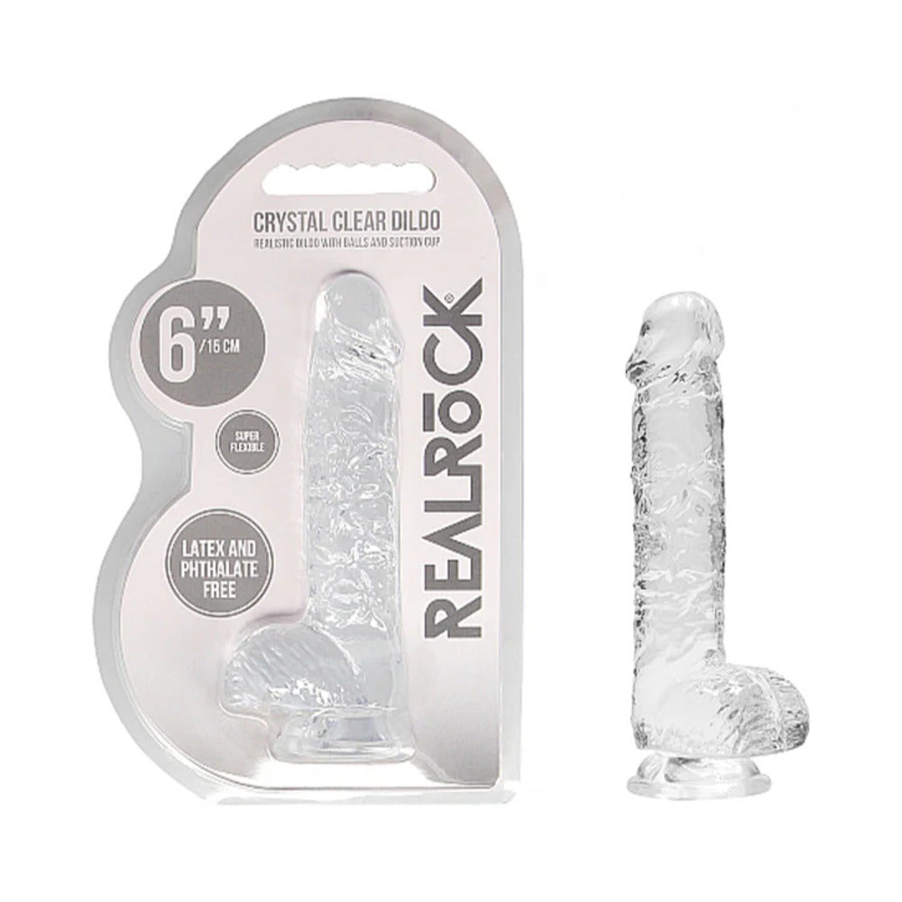 RealRock Crystal Clear Realistic 6 in. Dildo With Balls and Suction Cup Clear - Fantasies Boutique