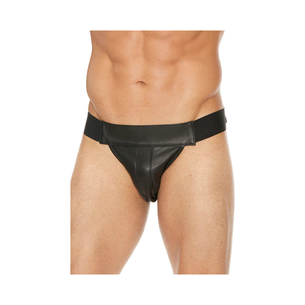 Shots Premium Leather Plain Front Zip Jock Black S/M Hanging - Fantasies Boutique