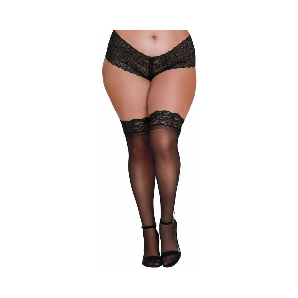Dreamgirl Plus-Size Sheer Thigh-High Stockings With Silicone Lace Top Black Queen - Fantasies Boutique
