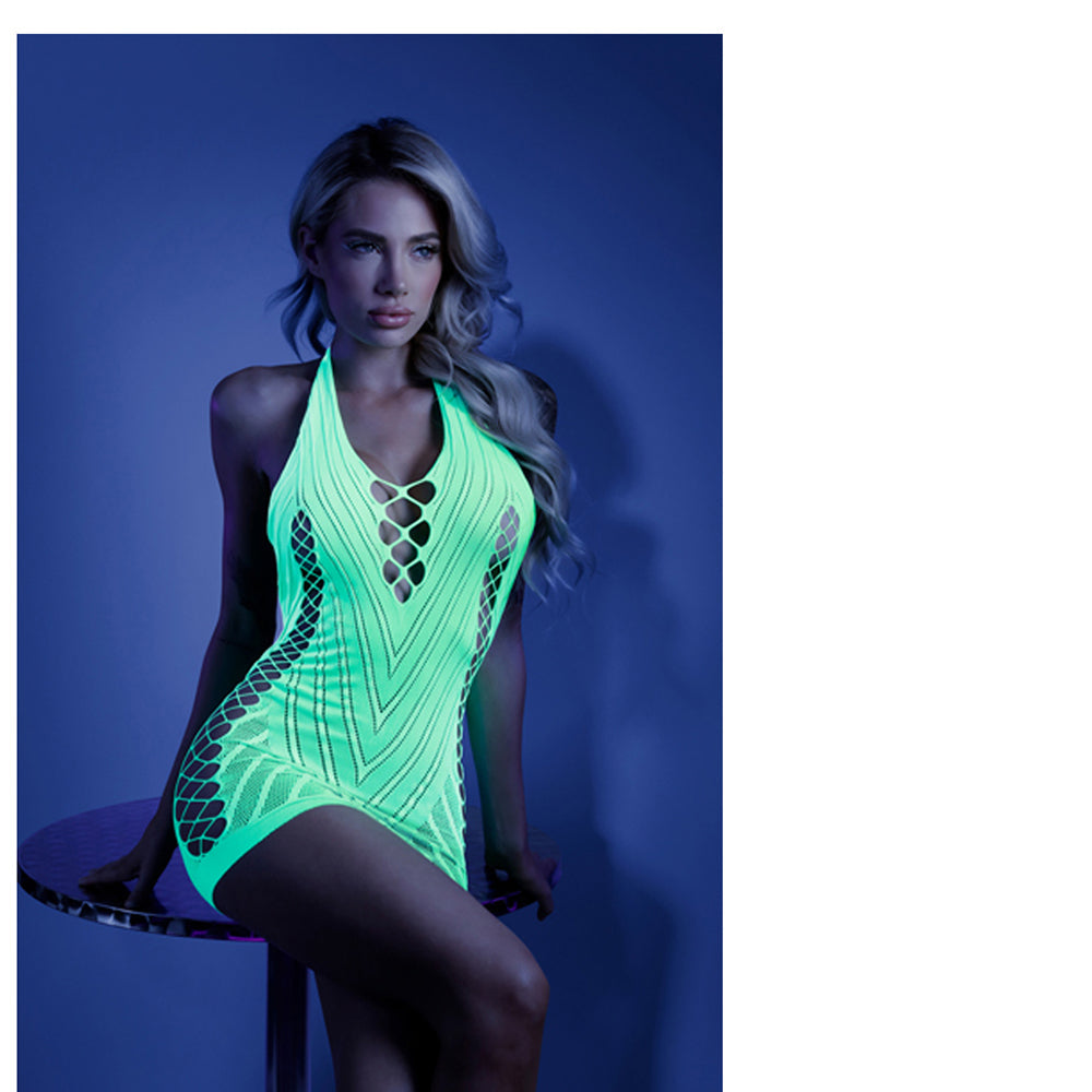 Fantasy Lingerie Glow Shock Value Net Halter Dress Neon Green O/S - Fantasies Boutique