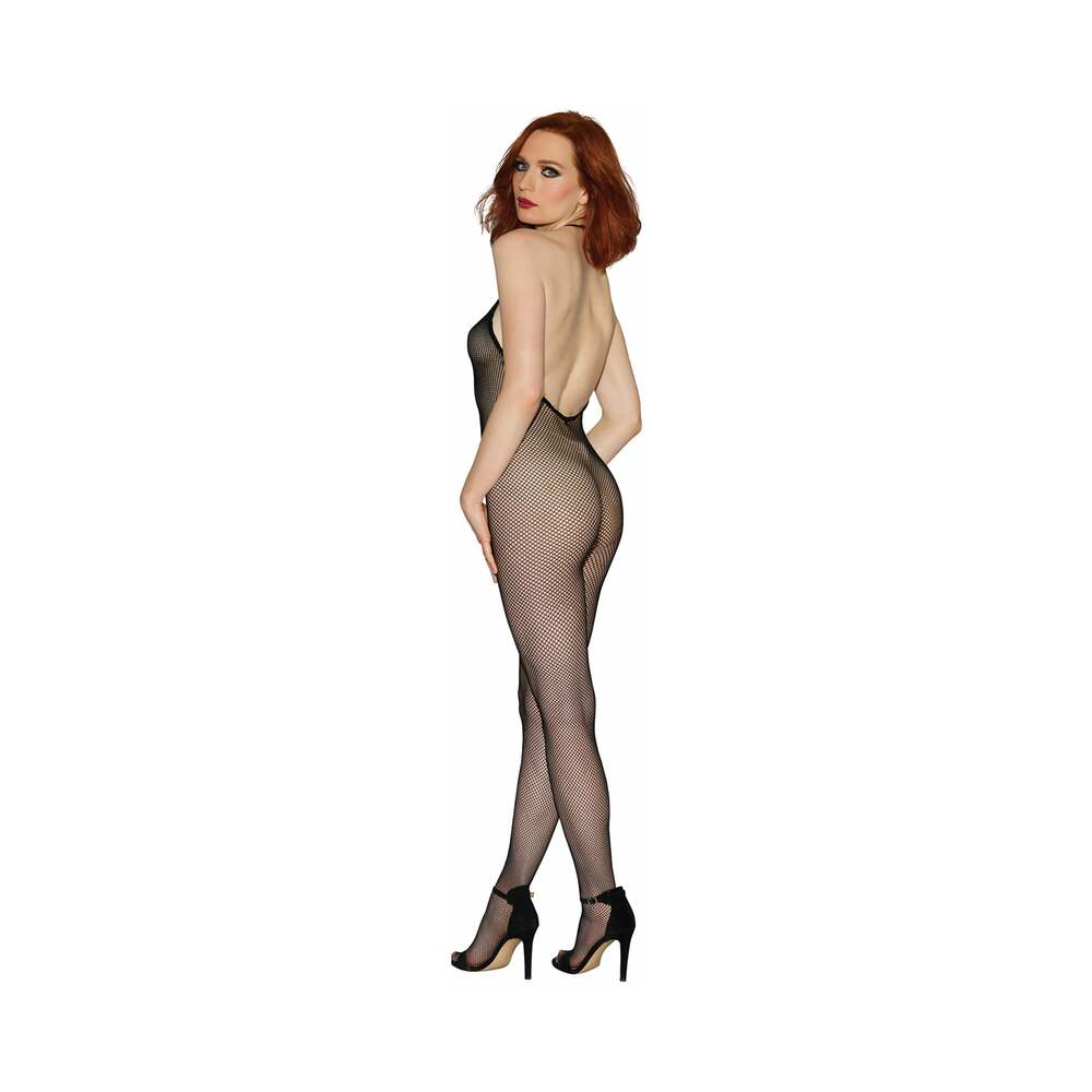 Dreamgirl Seamless Fishnet Bodystocking with Halter Neck, Open Crotch and Low Back Black OS - Fantasies Boutique