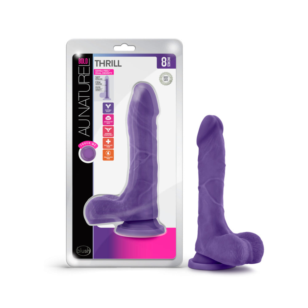 Au Naturel Bold Thrill 8.5 in. Posable Dual Density Dildo with Balls Purple - Fantasies Boutique