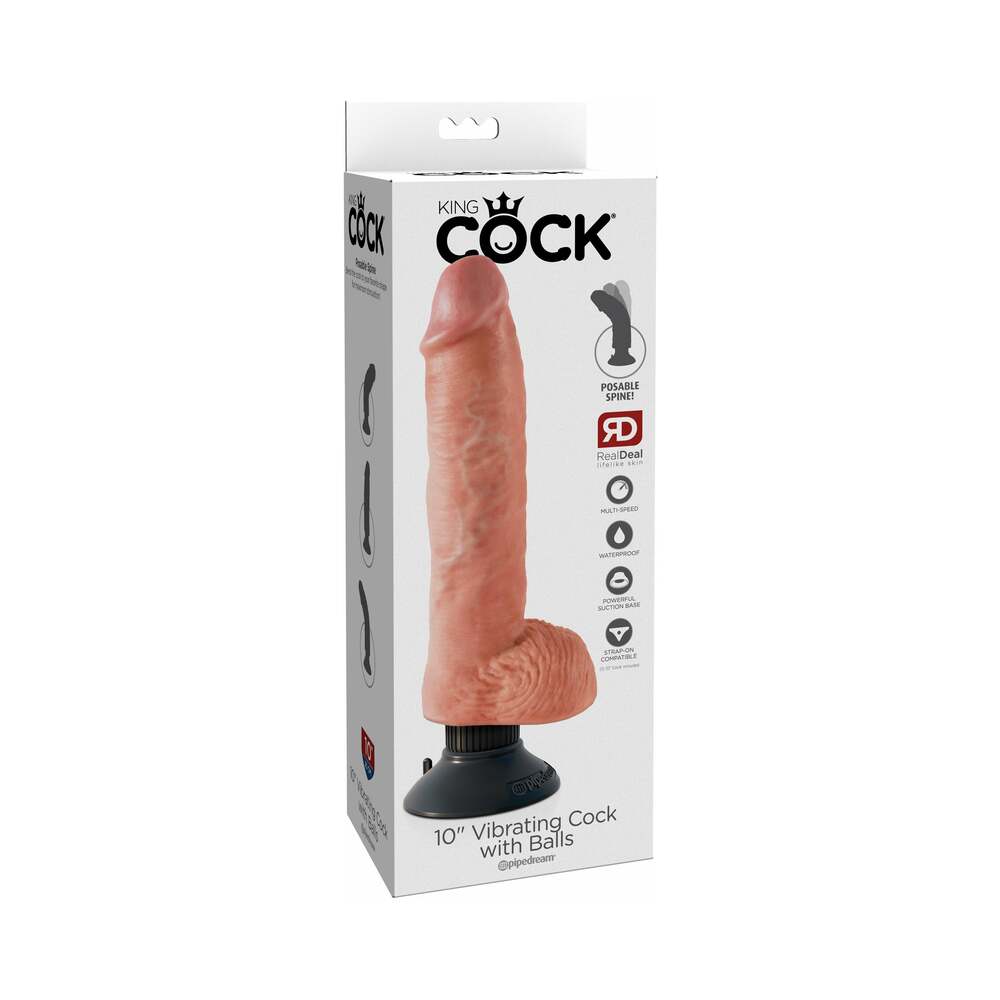 King Cock 10 in. Vibrating Cock With Balls Poseable Suction Cup Dildo Beige - Fantasies Boutique