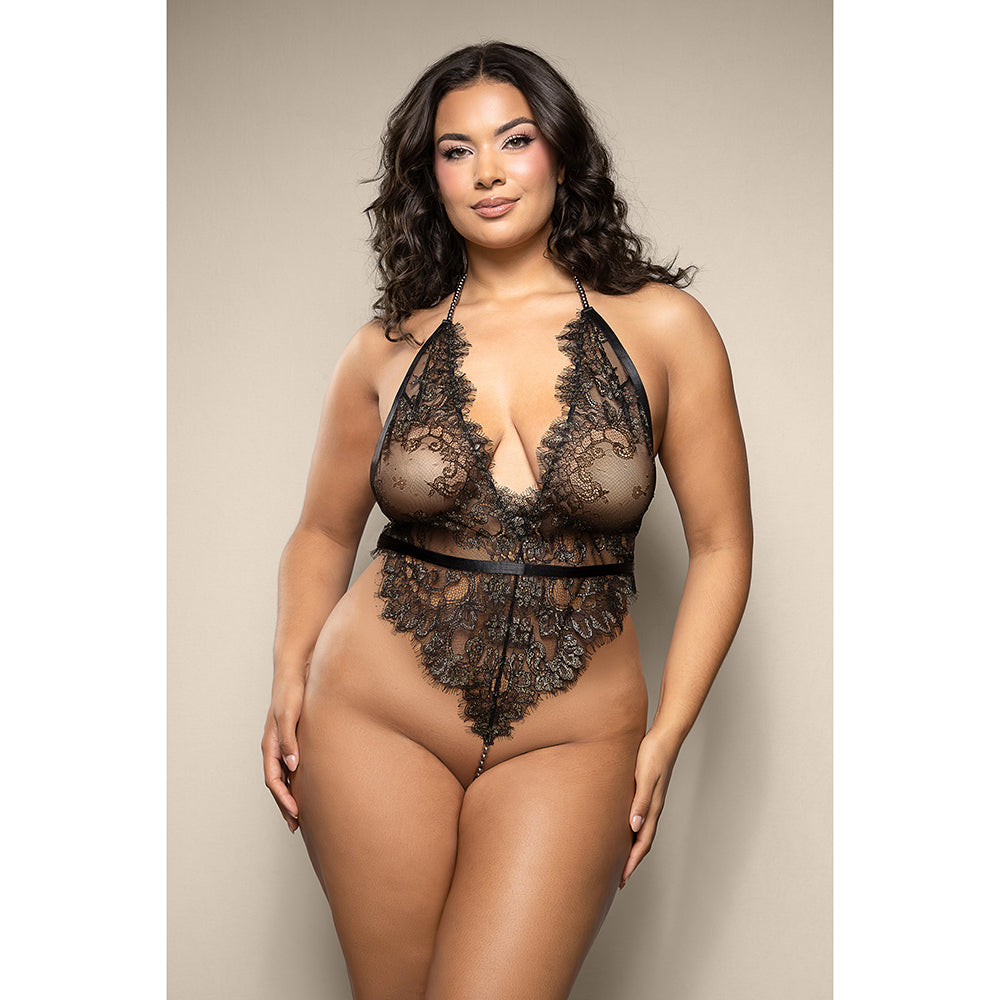 Fantasy Lingerie Opulence Shimmer Lace Pearl Halter Teddy with Open Back & Pearl String Crotch Queen Size
