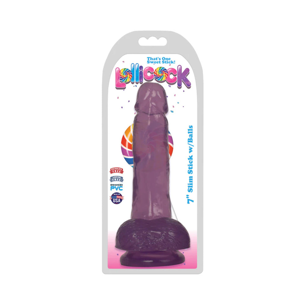 Curve Toys Lollicock Slim Stick 7 in. Dildo with Balls & Suction Cup Grape Ice - Fantasies Boutique