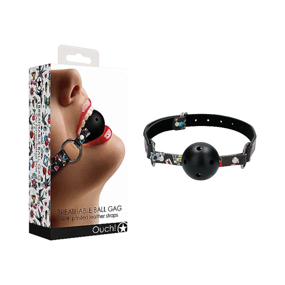 Ouch! Old School Tattoo Style Breathable Ball Gag With Adjustable Printed Straps Multi-Color - Fantasies Boutique