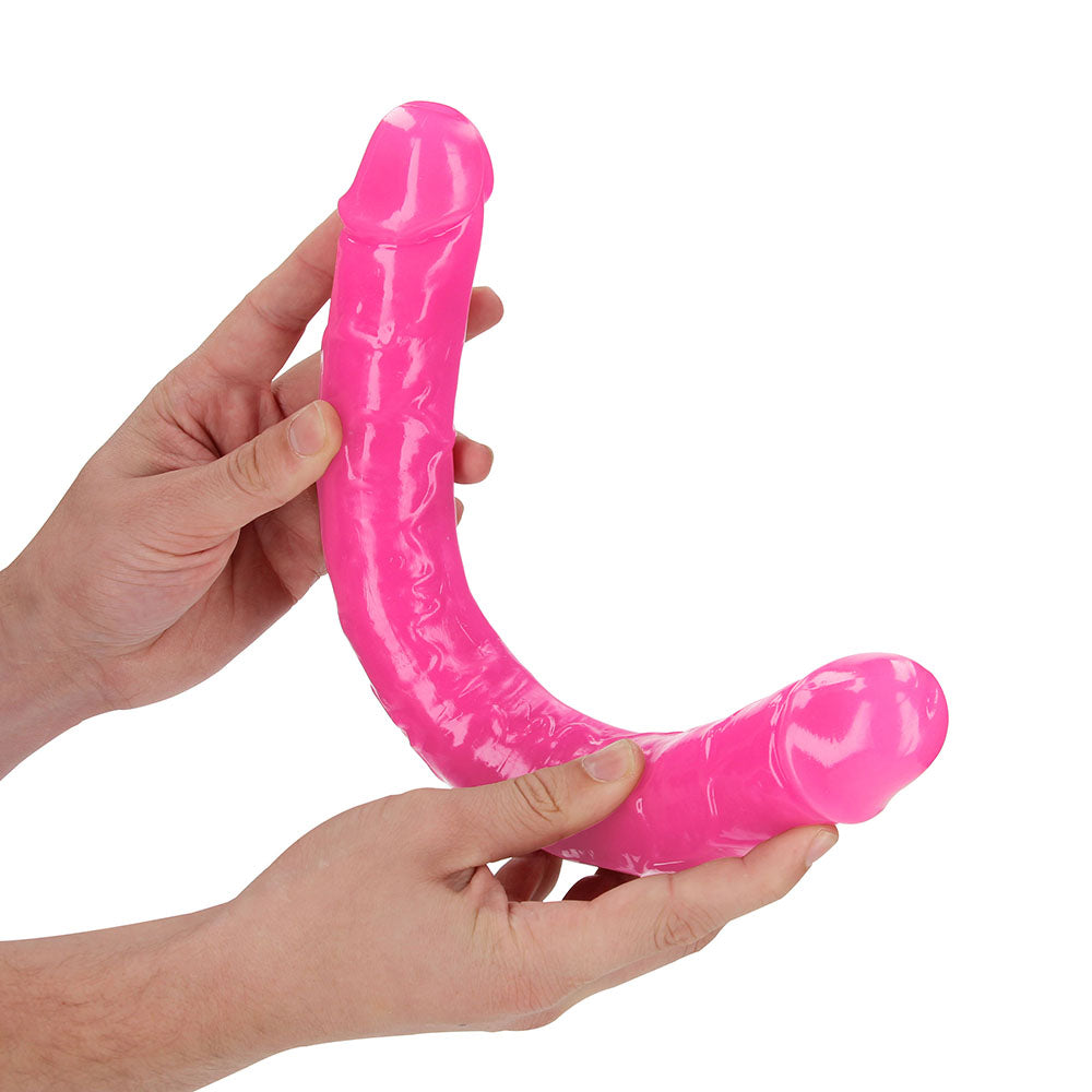 RealRock Glow in the Dark Double Dong 15 in. Dual-Ended Dildo Neon Pink - Fantasies Boutique