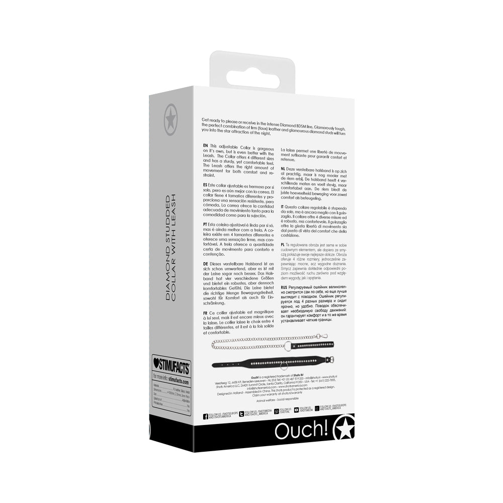 Ouch! Diamond Studded Faux Leather Collar With Leash Black - Fantasies Boutique