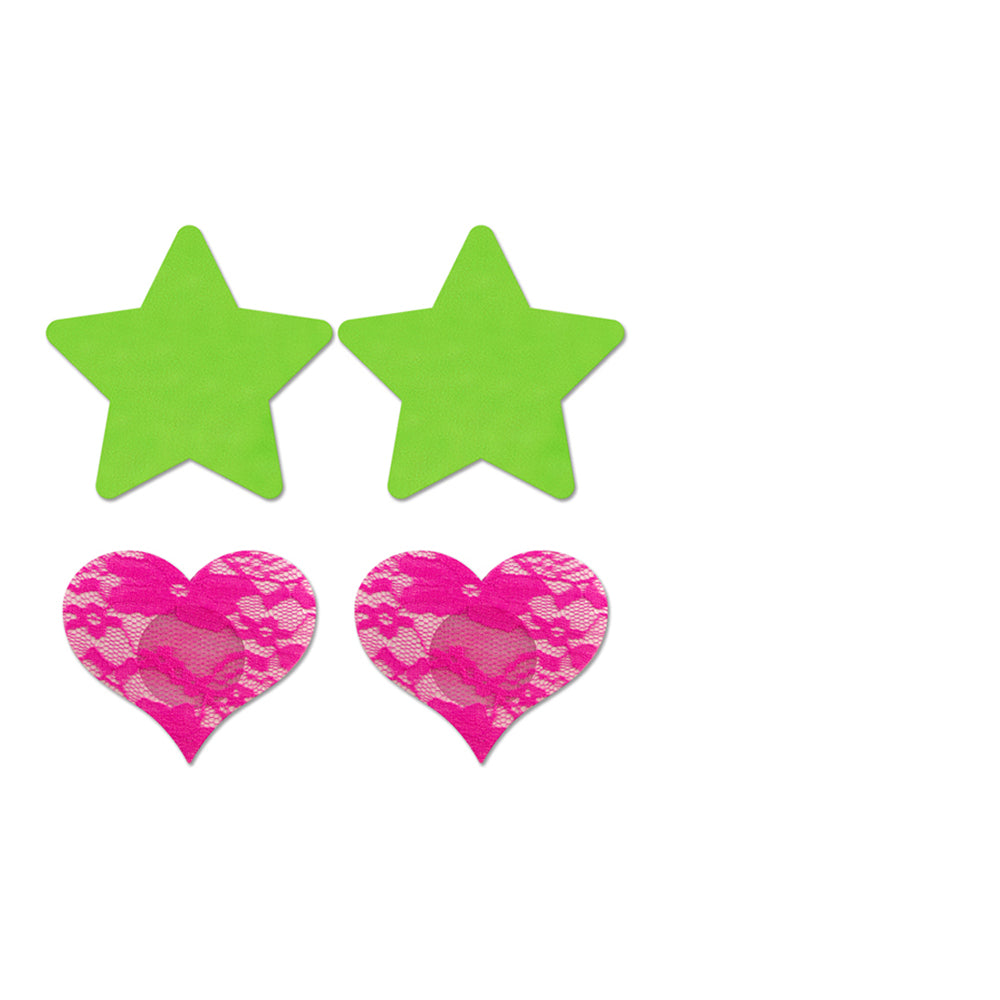 Fantasy Lingerie Neon Pasties 2-Pack Solid Neon Green Star & Neon Pink Lace Heart - Fantasies Boutique