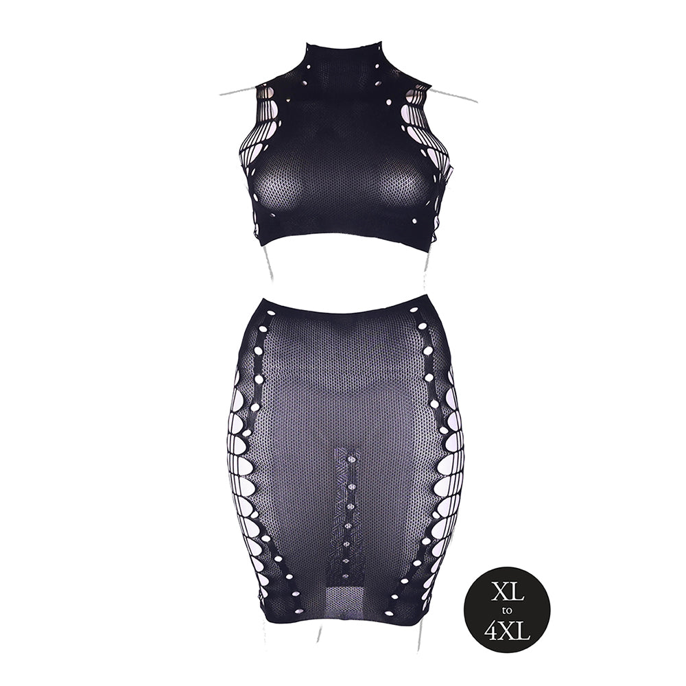 Le Desir Shade Kala XXXVII 2-Piece with Turtleneck, Crop Top & Skirt Black Queen Size - Fantasies Boutique
